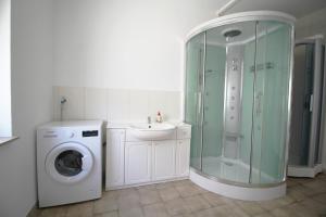 a bathroom with a shower and a washing machine at Work & Stay in Niederstotzingen in Niederstotzingen