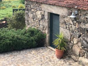 a stone building with a door and a potted plant at CASA DO CONDE MONTIER in Paredes de Coura