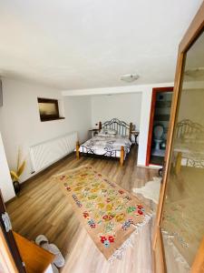 um quarto com uma cama e um tapete no chão em Casa de vacanță Moțata em Novaci-Străini