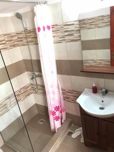 y baño con cortina de ducha y lavamanos. en Casa de vacanță Moțata, en Novaci-Străini