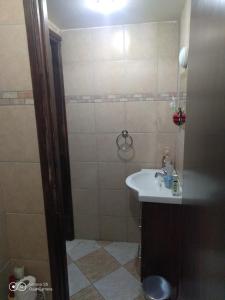 La petite salle de bains est pourvue d'un lavabo et d'une douche. dans l'établissement -= Studio Love =-, à Xylophaghou