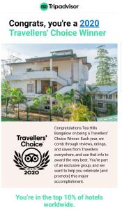a flyer for a travellers choice winner of a house at Tea Hills Bungalow in Hatton