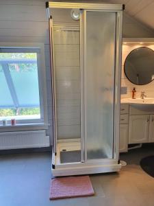 a shower in a bathroom with a sink and a window at Rialahästgård in Uddeby