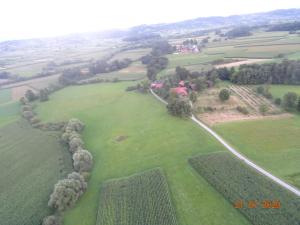 an aerial view of a house on a green field at Vetrovi šumijo I in Kapele