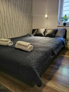 een bed met twee handdoeken in een slaapkamer bij Central Home Apartment in the City center in Eger