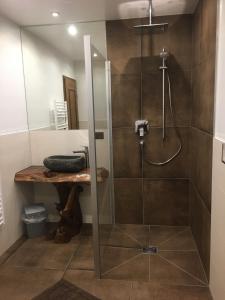 a shower with a glass door in a bathroom at Gut Schablberg in Radstadt