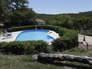 a swimming pool in a garden with a hedge at La Palombe in Octon