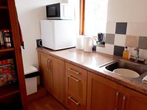 eine Küche mit einer Spüle und einem weißen Kühlschrank in der Unterkunft 1 Bedroom Apartment with a Wonderful View in Stone