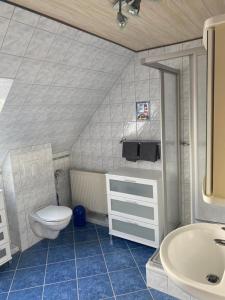 bagno con servizi igienici e lavandino di Ferienwohnung Rosenweg a Rambin