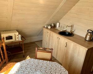 a small kitchen with a sink and a microwave at Arbatinės apartamentai in Biržai