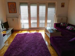a living room with a purple couch and a purple rug at Lili in Arandjelovac