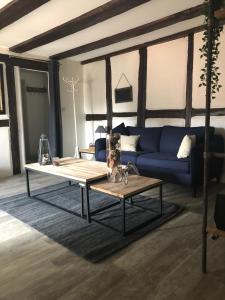 een woonkamer met een blauwe bank en een salontafel bij Sous les toits du Zinc - Climatisé in Colmar