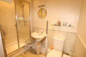 uma casa de banho com um chuveiro, um WC e um lavatório. em Star Hotel em Kirkcudbright