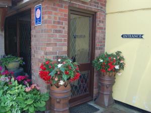 dois vasos de plantas sentados à frente de uma porta em Strenneth em Fersfield