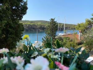 Blick auf einen Fluss mit Blumen im Vordergrund in der Unterkunft Apartment Lavanda in Molat