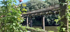 a bridge over a river with a train on it at The Boat Inn in Monmouth