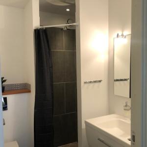 a bathroom with a shower and a toilet and a sink at Samsted in Middelfart