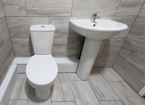 a bathroom with a toilet and a sink at High Bank Hotel in Leeds