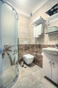 a bathroom with a shower and a toilet and a sink at Mitra Downtown Hotel in Istanbul