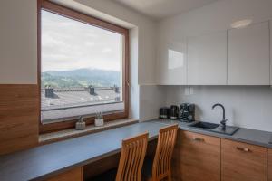 a kitchen with a counter with a large window at Aspen in Wisła