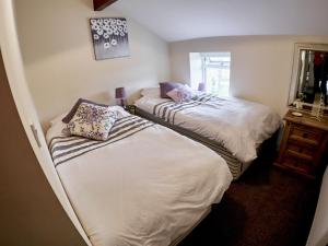 Duas camas individuais num quarto com um espelho. em Tower View em Blackburn