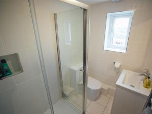 a bathroom with a shower and a toilet and a sink at The Townhouse in Tenby +2 photos