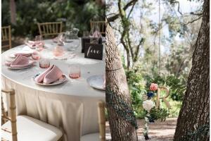 una mesa con platos rosas, copas y árboles en º Tropical Escape Sarasota º Experience Florida Up-close!, en Sarasota