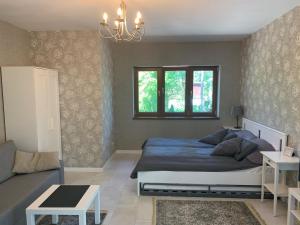 a bedroom with a bed and a couch at Apartamenti Lagūnas in Bigauņciems