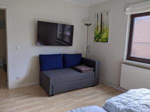 a living room with a couch and a tv on a wall at Zur ForsHütte in Braunlage