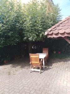 een patio met een tafel en 2 stoelen onder een boom bij Petite maison proche de Montbéliard in Sainte-Suzanne