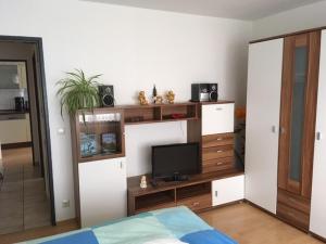 a bedroom with a bed and a tv on a shelf at Ferienwohnung Hintz in Blaubeuren