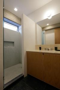 y baño con ducha, lavabo y espejo. en Apartamentos Buenos Aires en Guadalajara