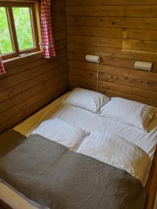 a bedroom with two beds in a log cabin at Stóra-Vatnshorn in Búðardalur