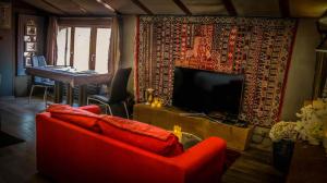 a living room with a red couch and a television at Lyon Campagne in Rontalon