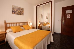 ポルトノボにあるHostal San Roqueのベッドルーム1室(大型ベッド1台、黄色い枕付)