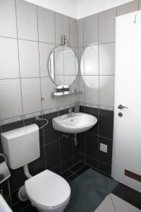 a bathroom with a toilet and a sink and a mirror at Apartment Nika, Arena Zagreb in Zagreb