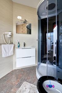 Un baño con lavabo y ducha en Casa cu Flori Moisei, en Moisei