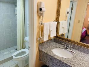 a bathroom with a sink and a toilet and a mirror at Budget Inn Jonesboro in Jonesboro