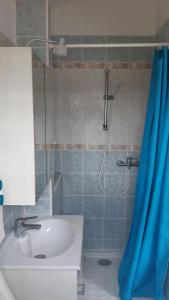 uma casa de banho com um chuveiro com um lavatório e uma cortina de chuveiro em Maisonnette au pied de la garrigue em Bernis