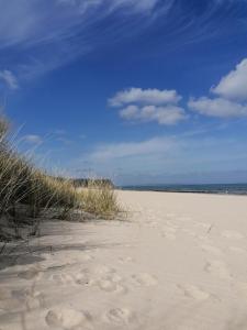 a beach with footprints in the sand and grass at Pension Mien Fründt in Baabe