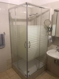 uma cabina de duche em vidro na casa de banho com um lavatório em Alexandros Hotel em Leptokarya