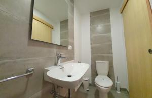 a bathroom with a sink and a toilet and a mirror at Apartamentos Cas Xurrac in Es Calo +30 photos