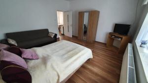 a living room with a bed and a couch at Junior Apartman in Gyula