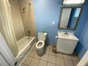 a bathroom with a toilet and a sink and a mirror at Red Carpet Inn & Suites Wrightstown in Wrightstown