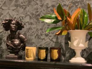 a shelf with a bust and a vase and a plant at Franklin38 in Auckland
