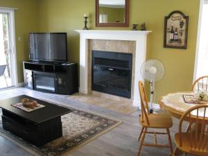 uma sala de estar com lareira e televisão em Arkadia Condo Magog em Magog-Orford