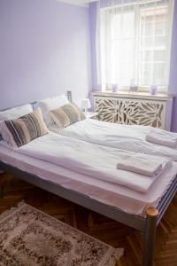 a large bed in a room with a window at Rabianska Suite in Toruń