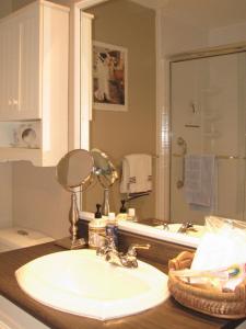 uma casa de banho com um lavatório e um espelho em Arkadia Condo Magog em Magog-Orford