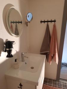 a bathroom with a sink and a mirror at Studio Bluuven in Scharendijke