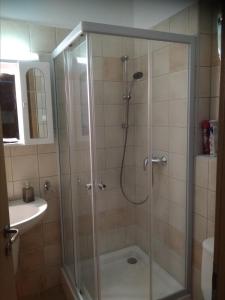 a shower with a glass door in a bathroom at KarosPool Apartman in Zalakaros